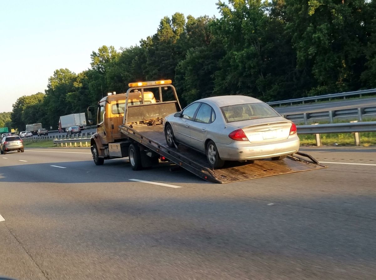 Flatbed tow truck loading a sedan on the shoulder of a Virginia interstate