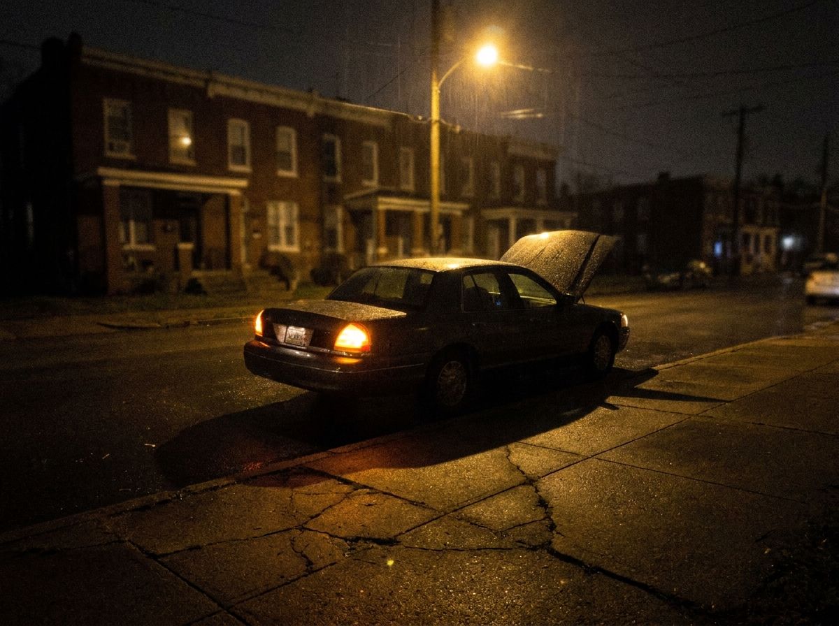 Car with hazard lights on and hood up under a streetlight on a Richmond street at night
